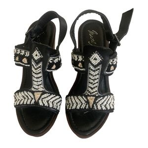 Beaded White and Black Wedge Sandals